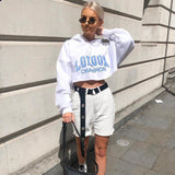 Long Sleeve Short Sweatshirt Blue Letter White Hooded Cropped Hoodies - WOMONA.COM