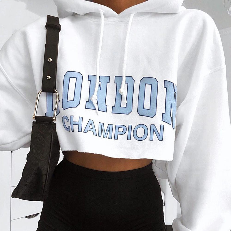 Long Sleeve Short Sweatshirt Blue Letter White Hooded Cropped Hoodies - WOMONA.COM