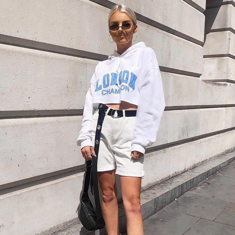 Long Sleeve Short Sweatshirt Blue Letter White Hooded Cropped Hoodies - WOMONA.COM