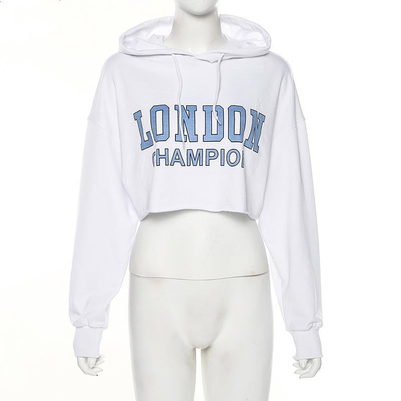 Long Sleeve Short Sweatshirt Blue Letter White Hooded Cropped Hoodies - WOMONA.COM