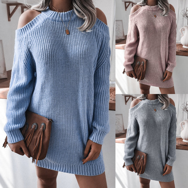 Knitwear College Sweater For Women Long Blue Gray - WOMONA.COM