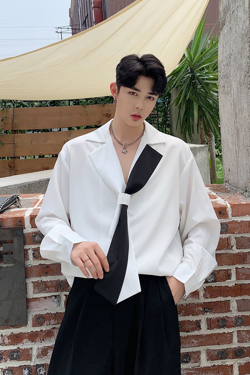 Korean Style Handsome Suit Collar Long Sleeve Shirt - WOMONA.COM