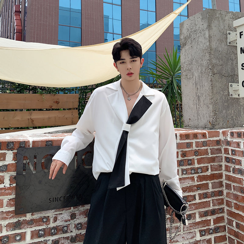 Korean Style Handsome Suit Collar Long Sleeve Shirt - WOMONA.COM