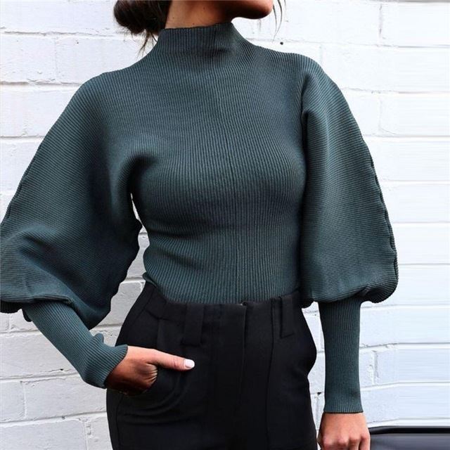 Lantern Sleeve Black Women Sweater - WOMONA.COM