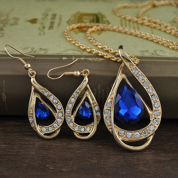 Double Drop Crystal Set Necklace Earrings - WOMONA.COM