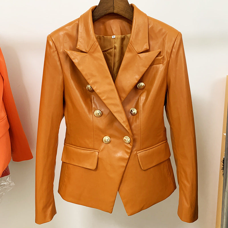 Ladies Suit Brown Leather Jacket - WOMONA.COM