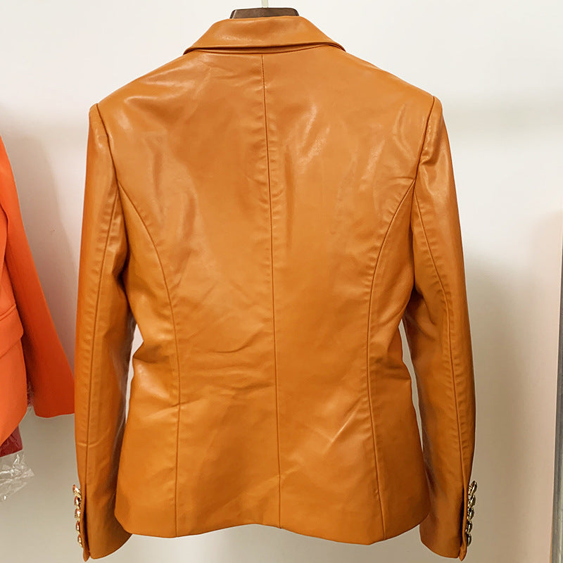 Ladies Suit Brown Leather Jacket - WOMONA.COM