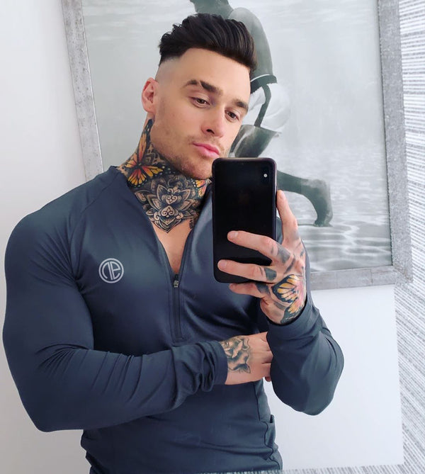 Zipper Neck Fitness Shirts Men Black Long Sleeve GYM Sport Tshirt - WOMONA.COM