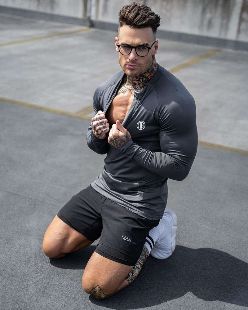 Zipper Neck Fitness Shirts Men Black Long Sleeve GYM Sport Tshirt - WOMONA.COM