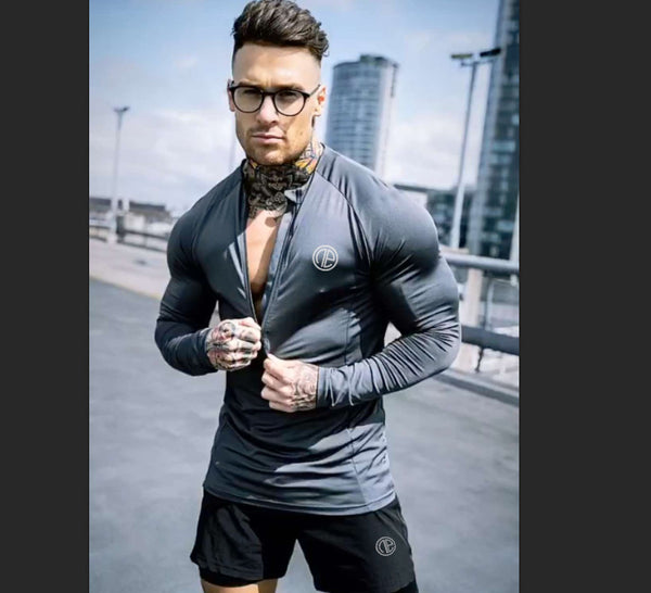 Zipper Neck Fitness Shirts Men Black Long Sleeve GYM Sport Tshirt - WOMONA.COM