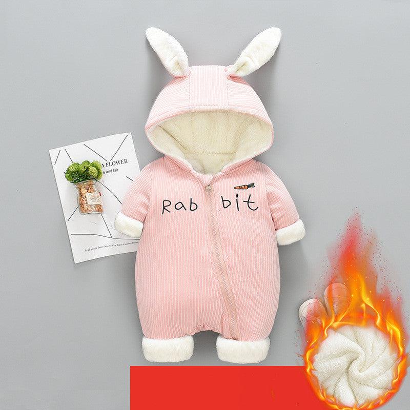 Pink padded newborn hooded romper with bunny ears and footed cuffs