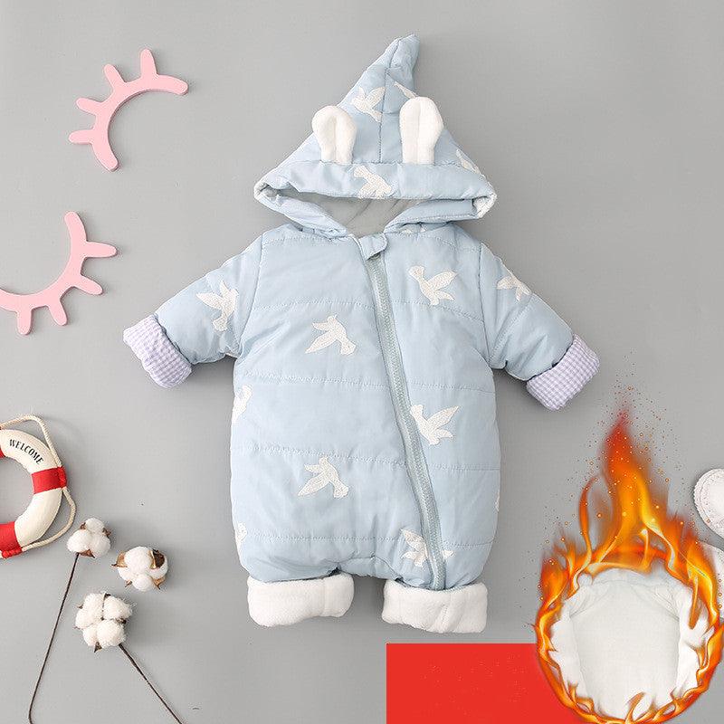Light blue padded newborn hooded onesie with full zipper and bird applique