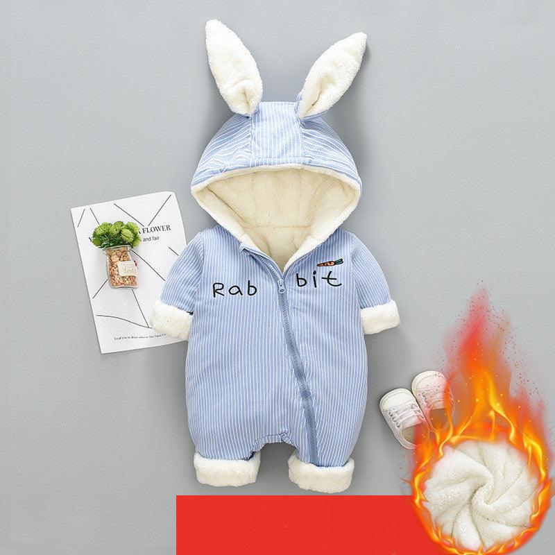 Light blue striped padded newborn hooded romper with white bunny ears and Rab bit print