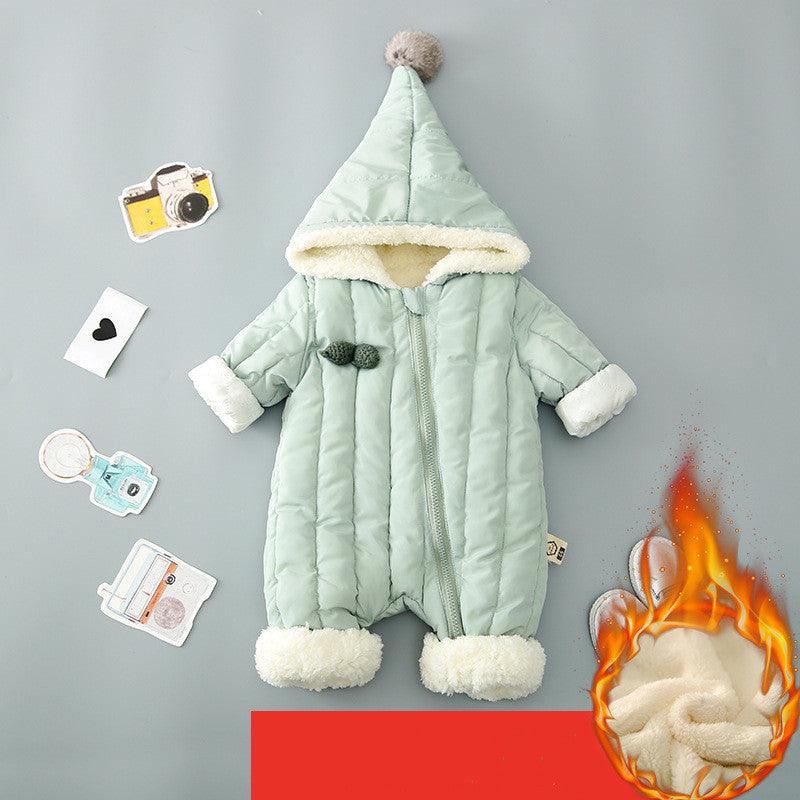 Mint green padded newborn hooded romper with sherpa trim and full-length zipper