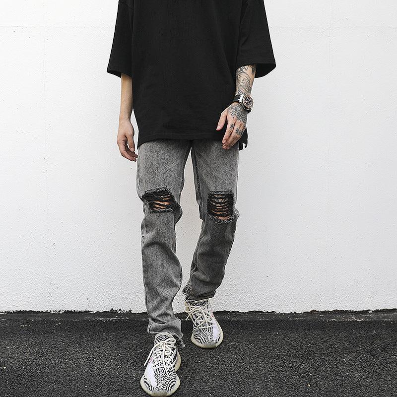 Men's Grey Ripped Zip Slim Jeans