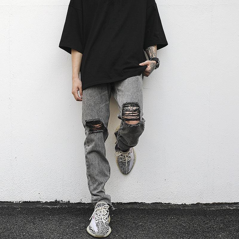 Distressed Gray Ripped Zipper Slim-Fit Jeans - WOMONA.COM