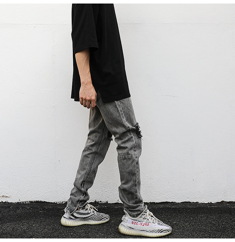 Distressed Gray Ripped Zipper Slim-Fit Jeans - WOMONA.COM