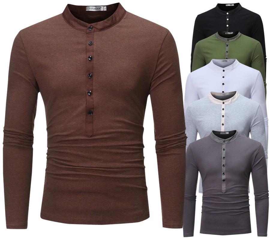Men's long-sleeve henley-style T-shirt, brown, button placket and crew neck