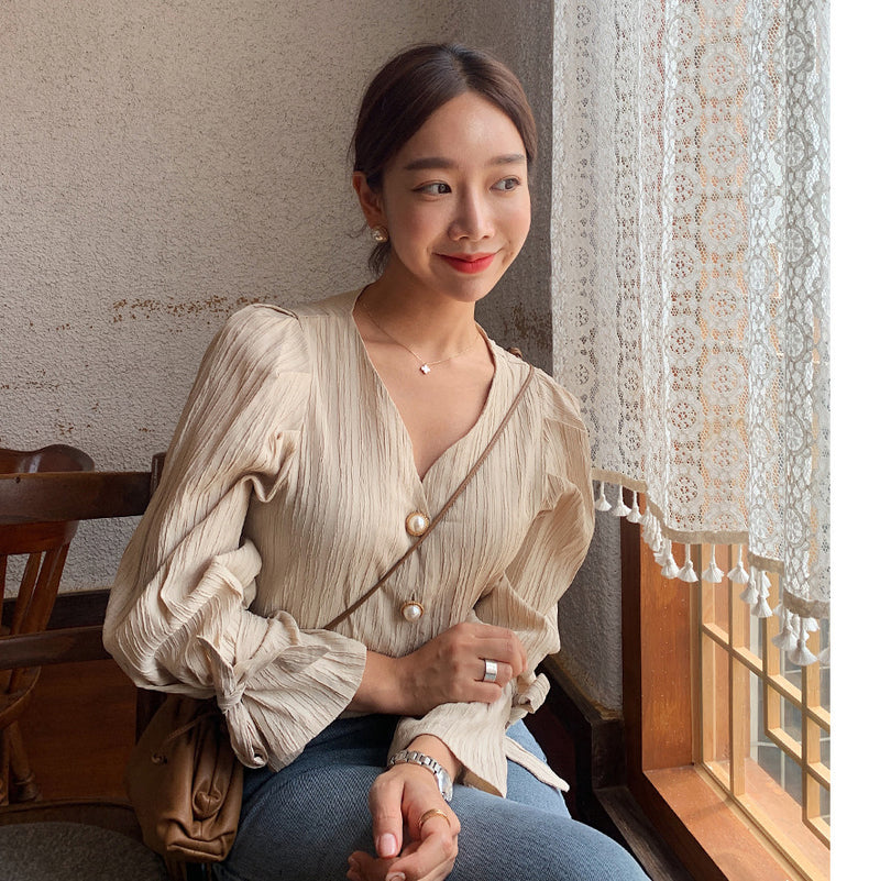 Casual Sweet Solid Pearls Chic Fresh Women Shirts - WOMONA.COM