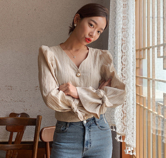 Casual Sweet Solid Pearls Chic Fresh Women Shirts - WOMONA.COM