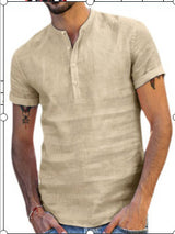 Collar Cotton Linen Shirts With Short Sleeves Shirt - WOMONA.COM