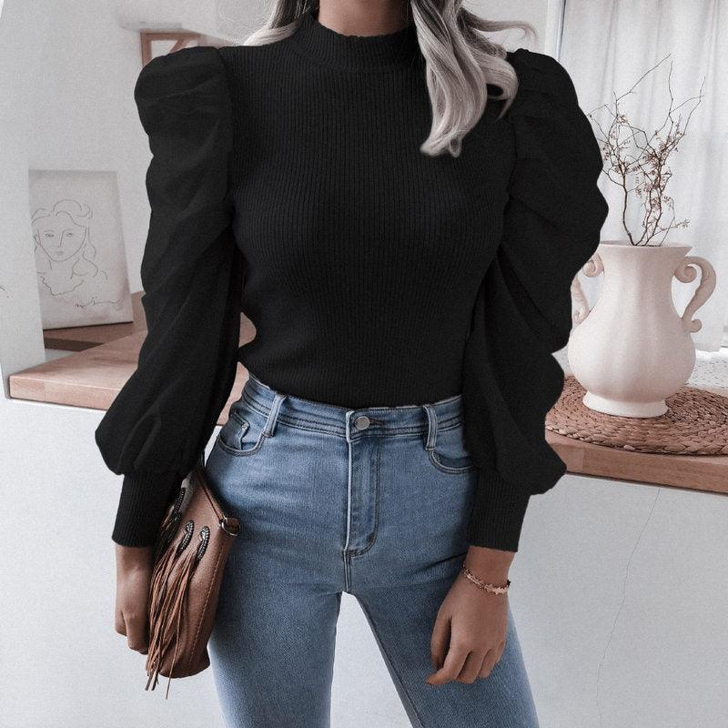 Blouse Women Puff Sleeve Knit Tops Streetwear T Shirt - WOMONA.COM
