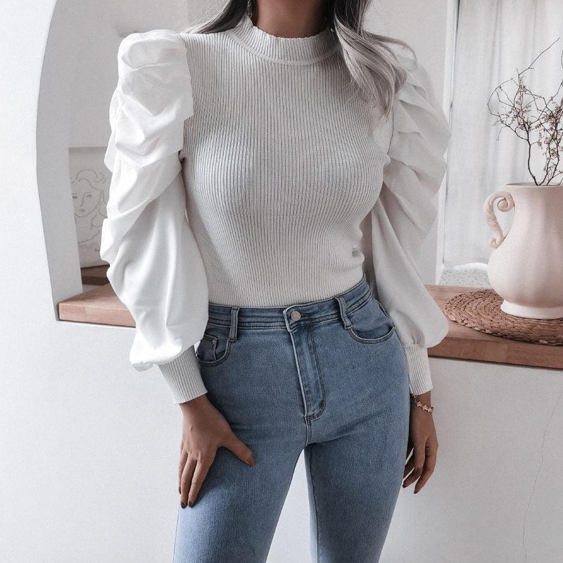 Blouse Women Puff Sleeve Knit Tops Streetwear T Shirt - WOMONA.COM