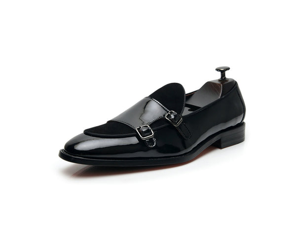 Black Buckle Monk Shoes Leather Low-Cut Loafer - WOMONA.COM