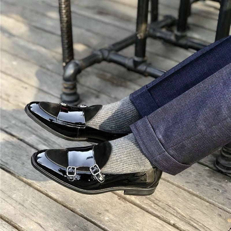 Black Buckle Monk Shoes Leather Low-Cut Loafer - WOMONA.COM