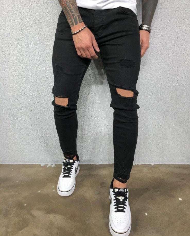 Hole Ripped Stretch Slim Elastic Denim Pants - WOMONA.COM