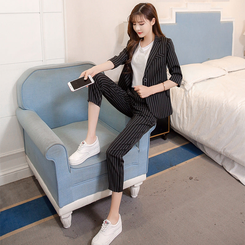 Korean Style Slim And Thin Striped Suit Two-Piece Suit - WOMONA.COM