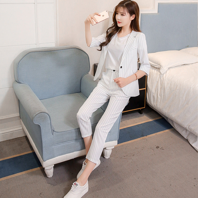 Korean Style Slim And Thin Striped Suit Two-Piece Suit - WOMONA.COM