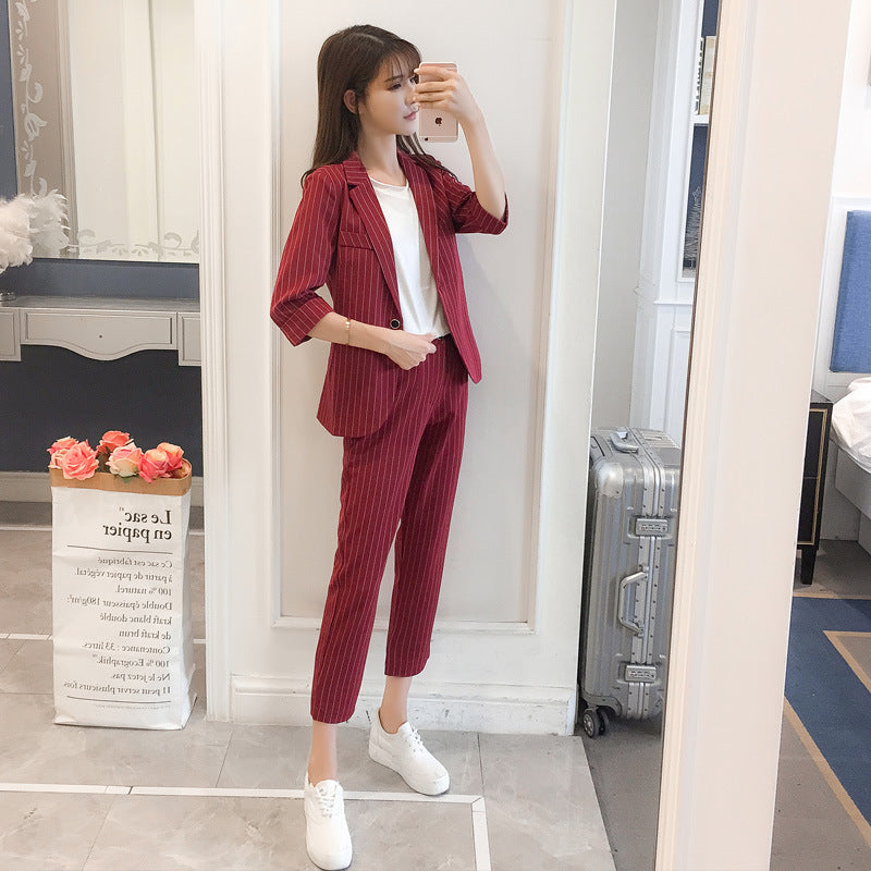 Korean Style Slim And Thin Striped Suit Two-Piece Suit - WOMONA.COM