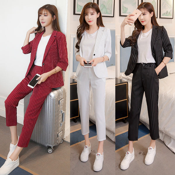 Korean Style Slim And Thin Striped Suit Two-Piece Suit - WOMONA.COM
