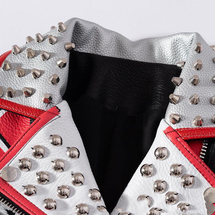 Skinny Jacket Graffiti Print Contrast Color Motorcycle Leather Jacket - WOMONA.COM