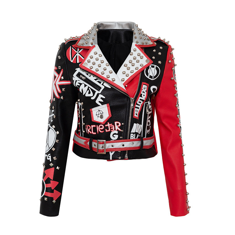 Skinny Jacket Graffiti Print Contrast Color Motorcycle Leather Jacket - WOMONA.COM