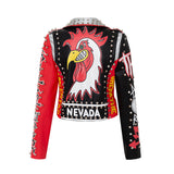 Skinny Jacket Graffiti Print Contrast Color Motorcycle Leather Jacket - WOMONA.COM