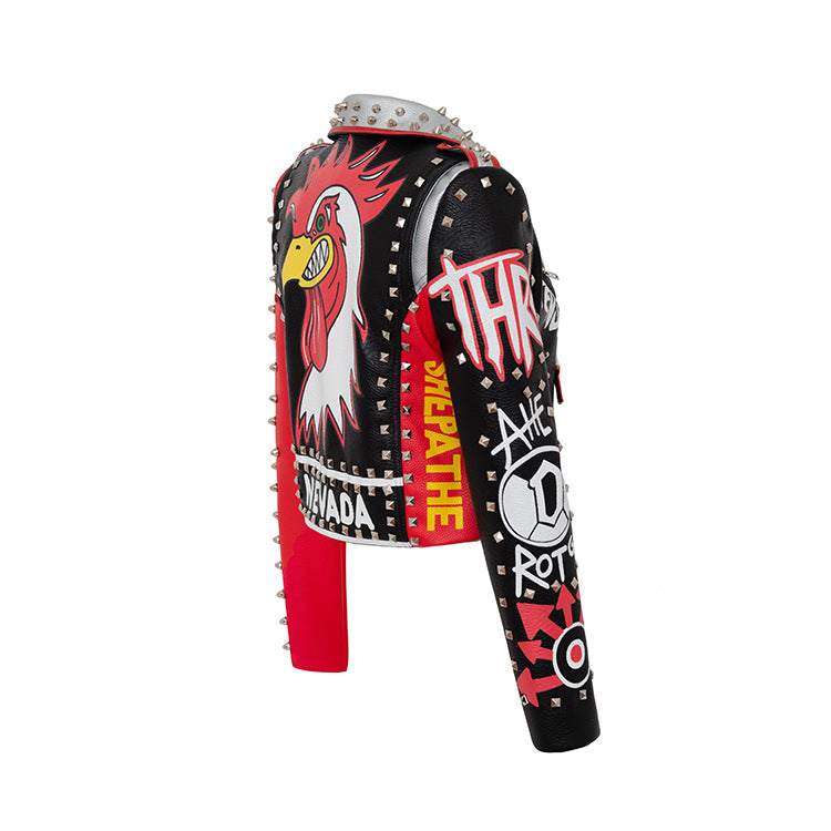 Skinny Jacket Graffiti Print Contrast Color Motorcycle Leather Jacket - WOMONA.COM