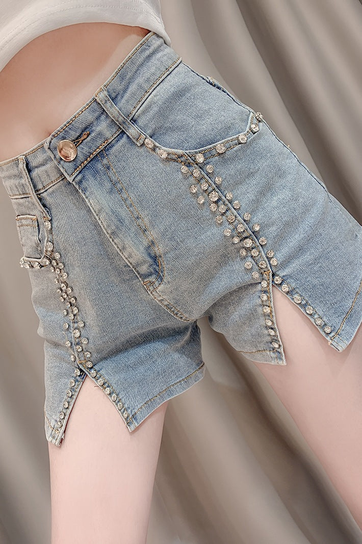 Industry Nail Bead Inlaid Diamond Slim Split Stretch Jeans Women\'s Shorts - WOMONA.COM