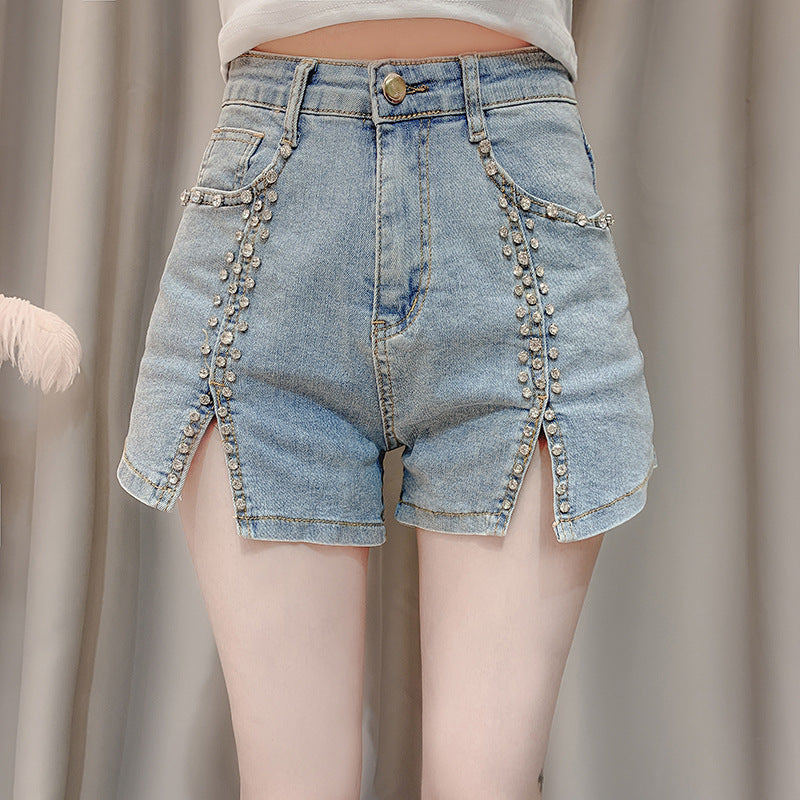 Industry Nail Bead Inlaid Diamond Slim Split Stretch Jeans Women\'s Shorts - WOMONA.COM