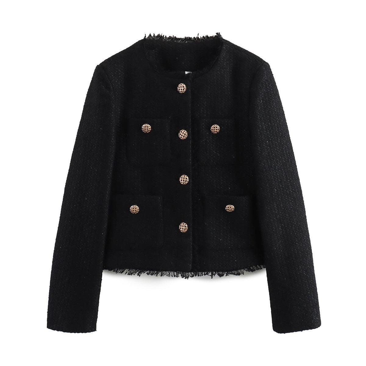 Black cropped coat with gold button front, long sleeves, and subtle textured fabric