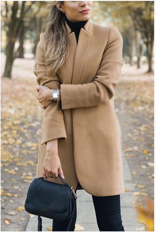 Beige khaki woolen jacket with stand-up collar and long sleeves