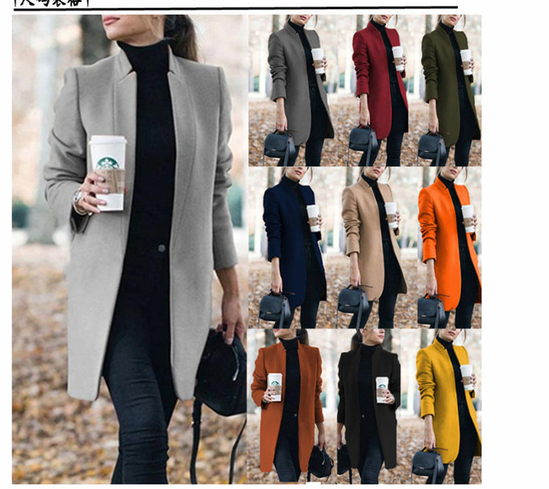 Fashion Solid Color Stand-Up Collar Woolen Jacket