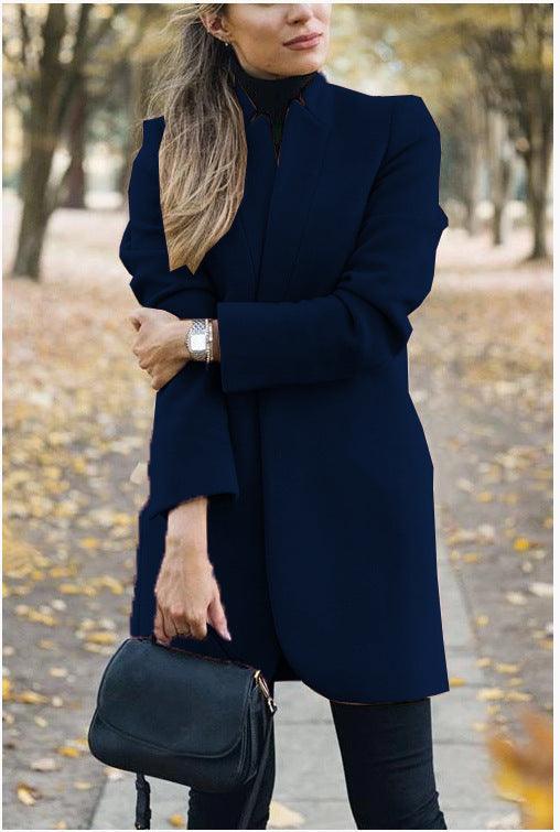 Navy woolen jacket with stand-up collar and long sleeves