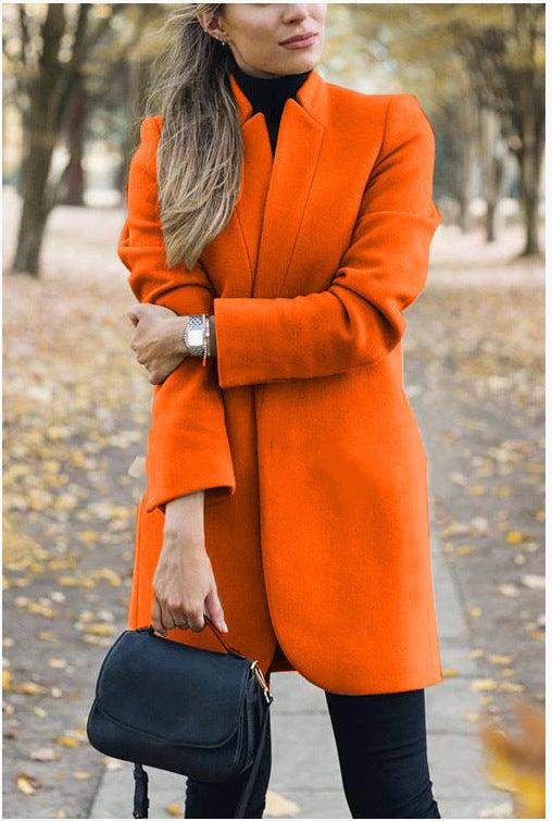 Orange woolen jacket with stand-up collar and long sleeves