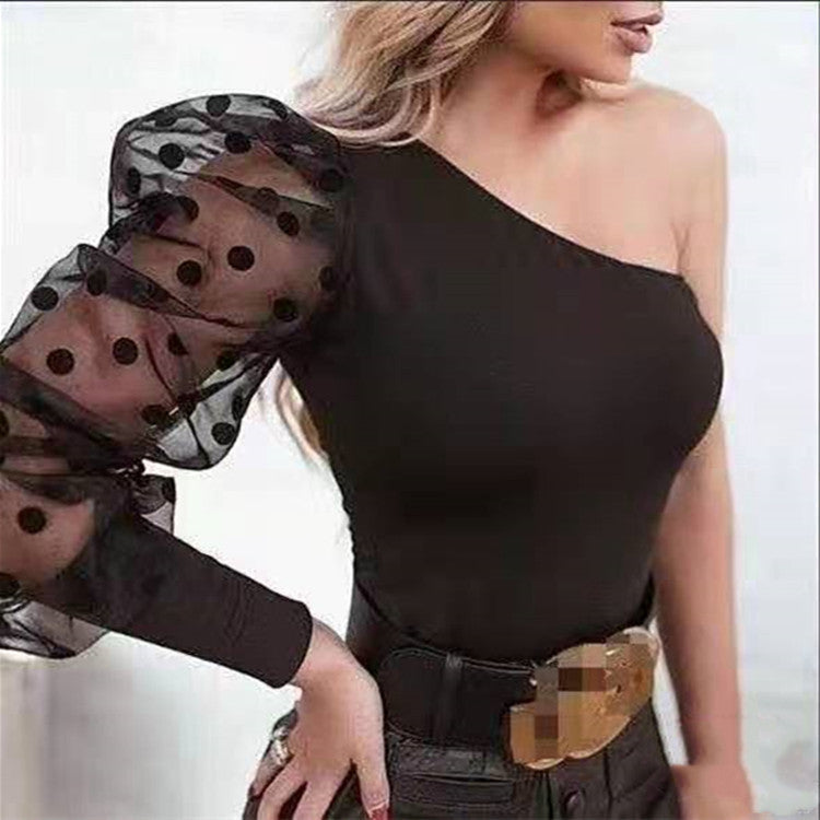 One Shoulder Black Polka Dot Top Tees T-shirts Women - WOMONA.COM