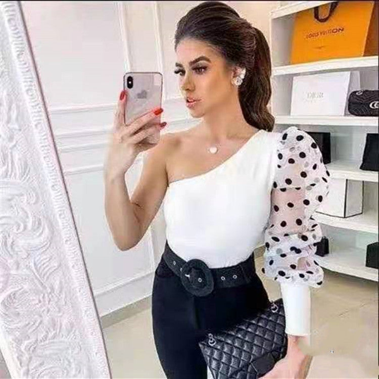 One Shoulder Black Polka Dot Top Tees T-shirts Women - WOMONA.COM