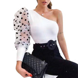 One Shoulder Black Polka Dot Top Tees T-shirts Women - WOMONA.COM