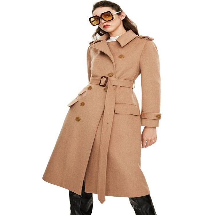 Women’s cashmere long coat in khaki, belted waist, double-breasted button front, side slit