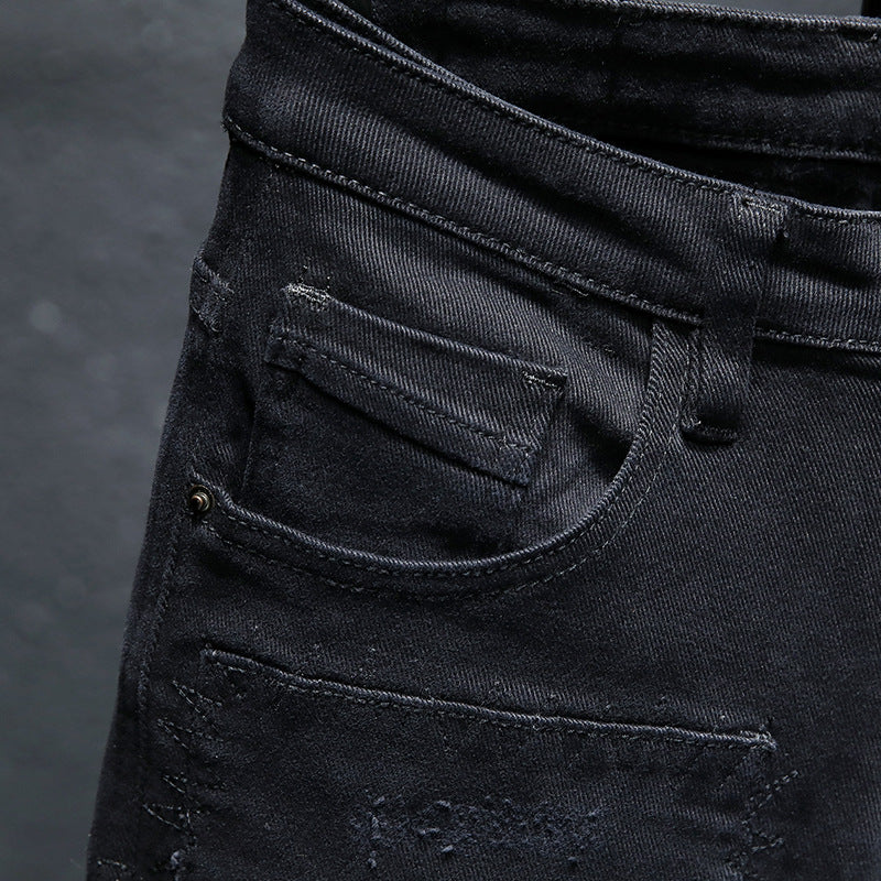 Pure Black Ripped Stretch Jeans Men - WOMONA.COM